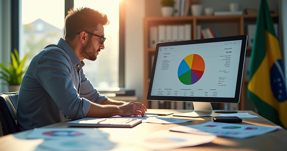 Homem com gráficos e papéis analisando orçamento público 