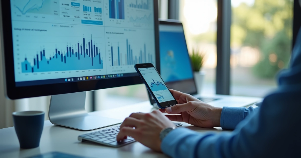Tela de computador com gráficos financeiros e planilhas sendo analisadas 