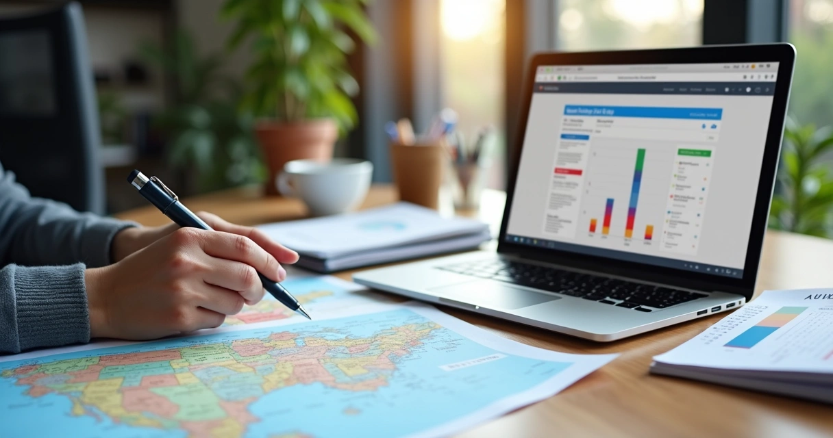 Agente de viagens planejando pacotes turísticos com laptop e mapas em mesa de escritório 