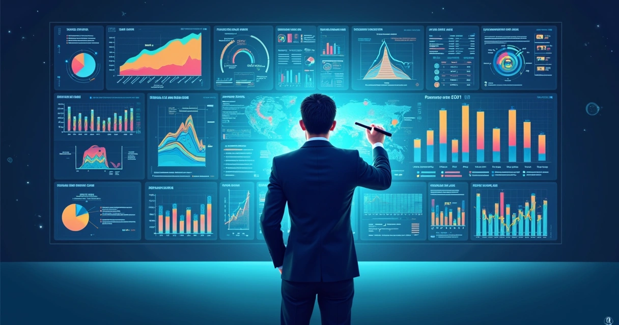 Profissional diante de painel digital analisando dados fiscais. 