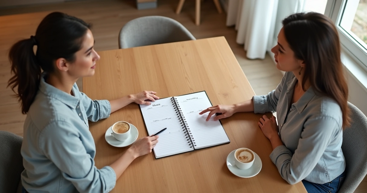 Dois adultos conversando à mesa com caderno de rotina familiar aberto