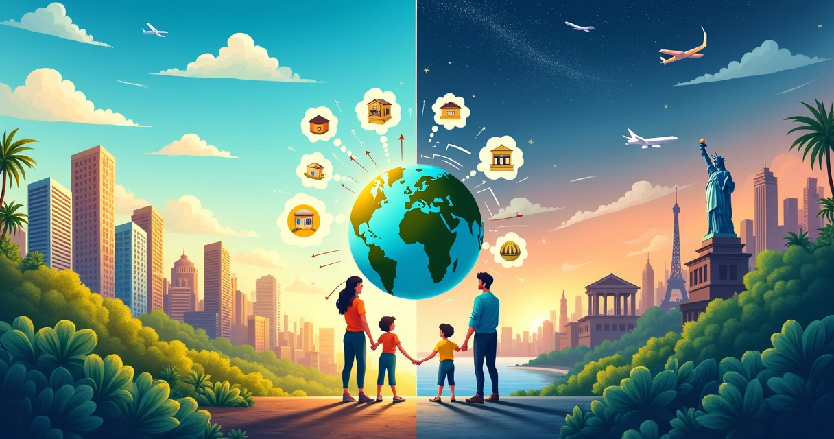 Ilustração dividida mostrando planejamento patrimonial nacional à esquerda e internacional à direita, com ícones financeiros.