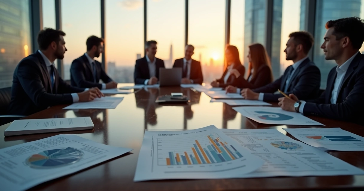 Executivos analisando planejamento patrimonial de sociedade anônima em sala de reunião moderna 