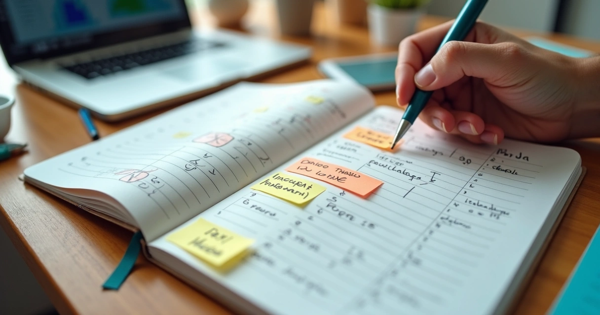 Roteiro de planejamento de pauta digital com anotações e calendário 