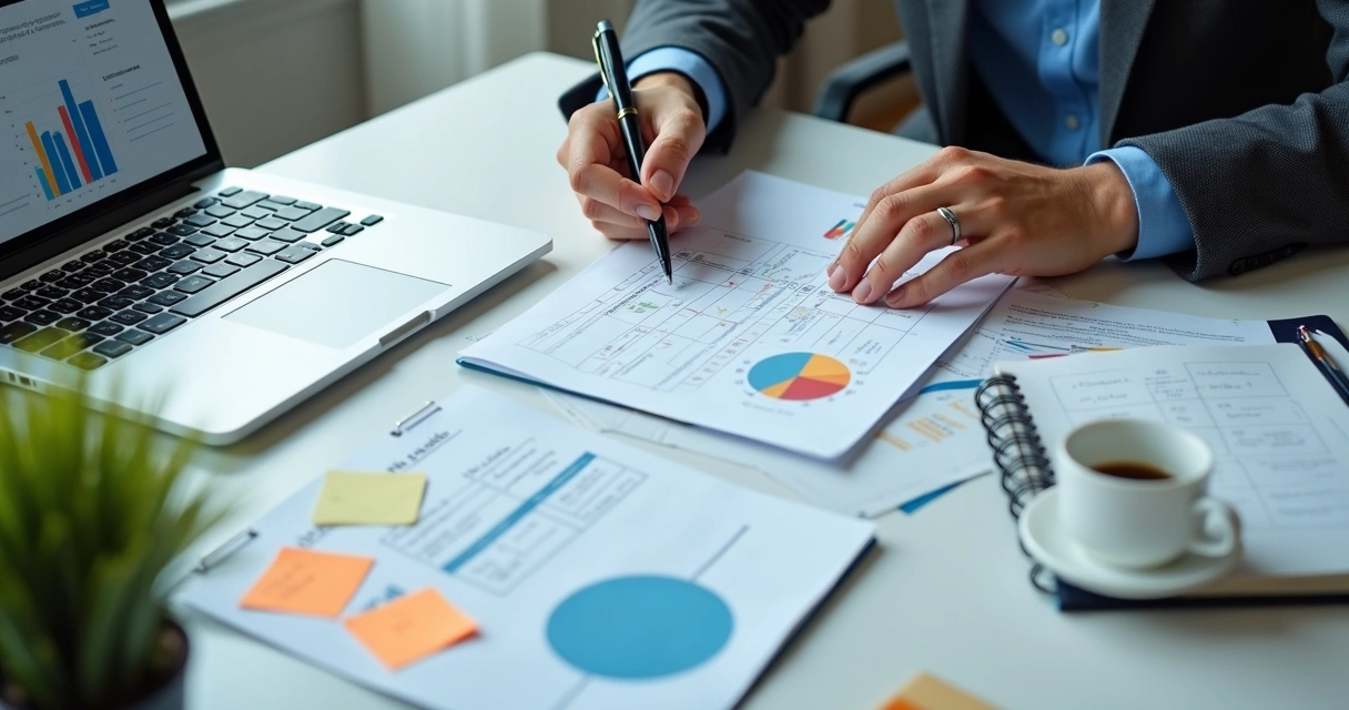 Profissional organizando metas de desenvolvimento em mesa de trabalho 