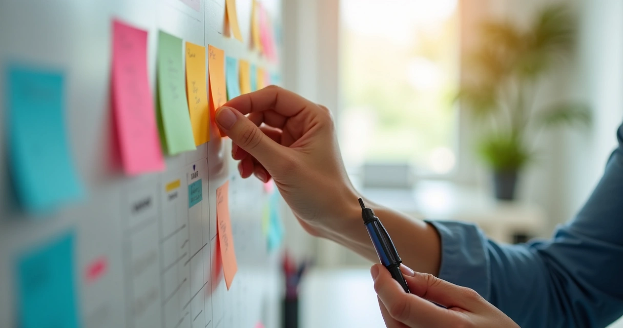 Pessoa organizando tarefas em quadro de planejamento 