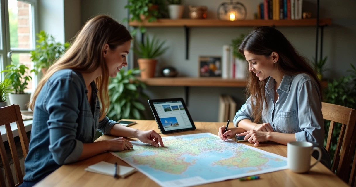 Consultora de viagem conversando com viajante em ambiente acolhedor, mapas e itinerários em mesa de madeira