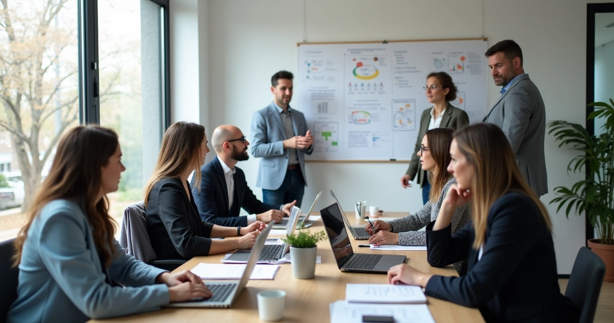 Grupo de pessoas em reunião de planejamento de pesquisa de riscos psicossociais