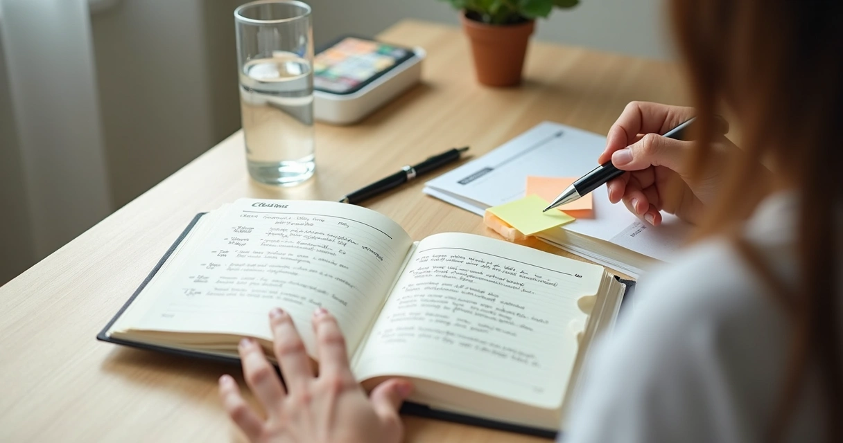 Caderno com planejamento diário e pessoa organizando tarefas 