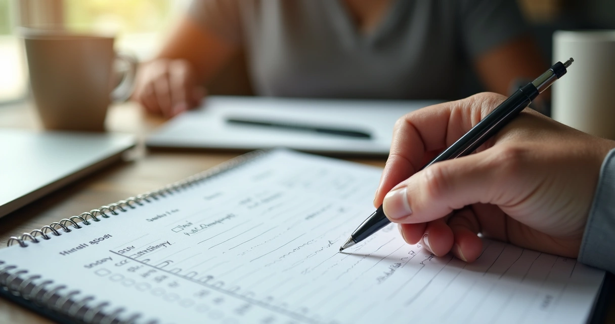 Pessoa analisando metas escritas sobre uma planner de mesa 