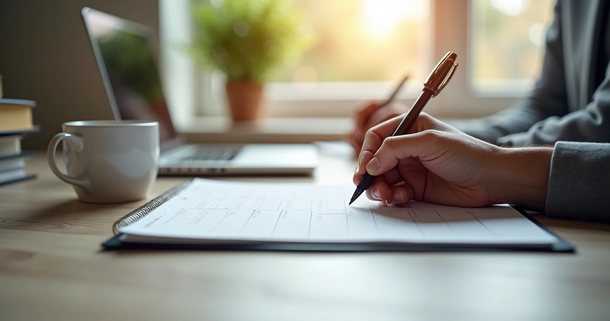 Pessoa escrevendo em um planner de mesa com caneta, xícara de café ao lado e luz natural