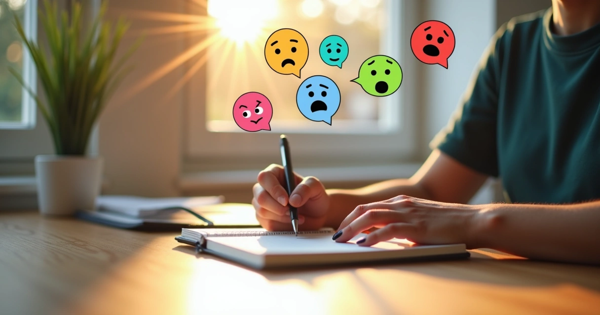 Pessoa escrevendo em caderno com emoções desenhadas ao redor 