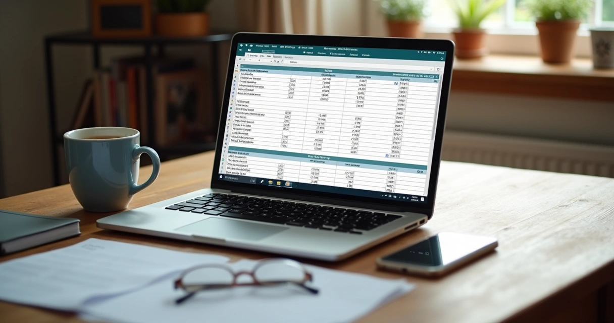 Planilha de planejamento de mudança, aberta no notebook com NOTAS E TAREFAS