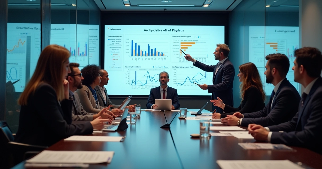 Mesa de reunião com equipe analisando gráficos digitais e planos estratégicos em grandes telas 