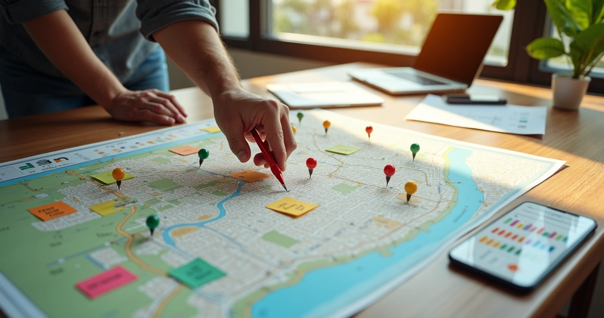 Planejador marcando pontos estratégicos de mídia OOH em mapa de Manaus 