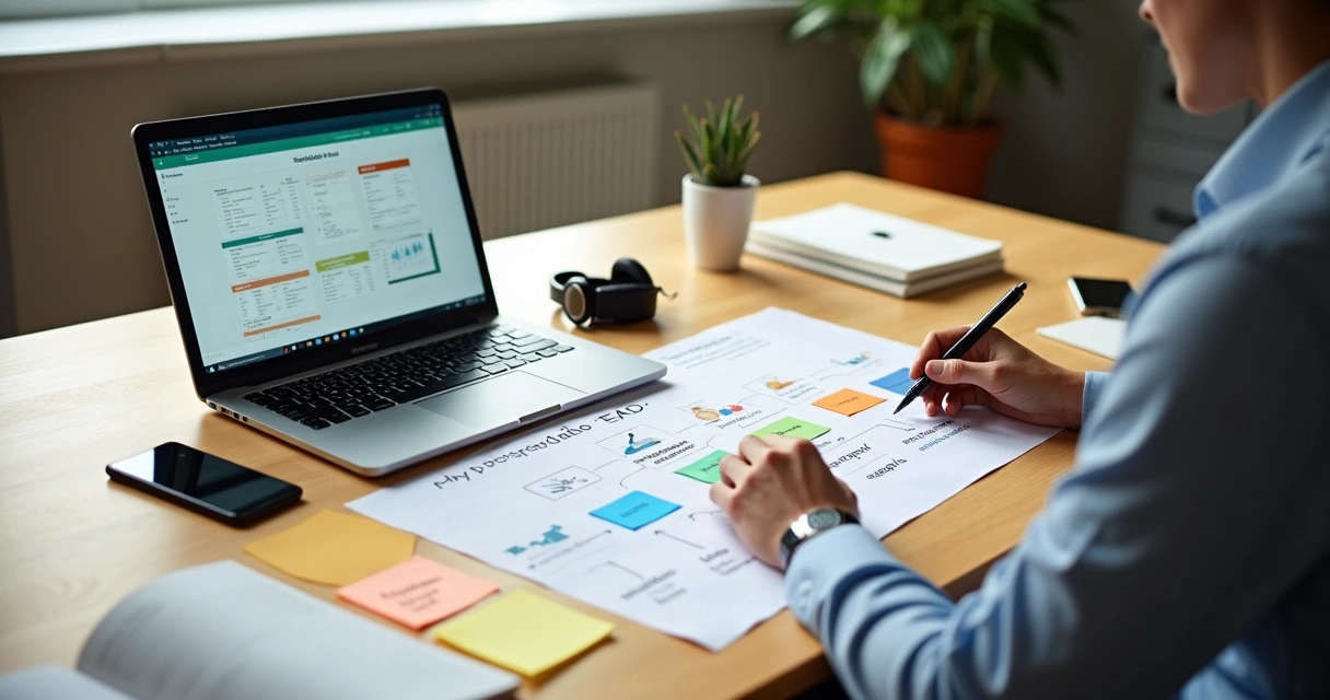 Profissional organiza plano de carreira com pós-graduação EAD em mesa moderna 