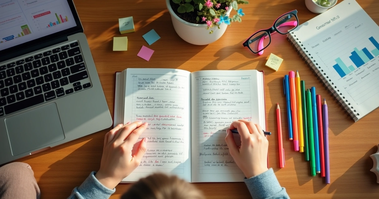 Jovem planejando futuro após vestibular em mesa com caderno e laptop aberto