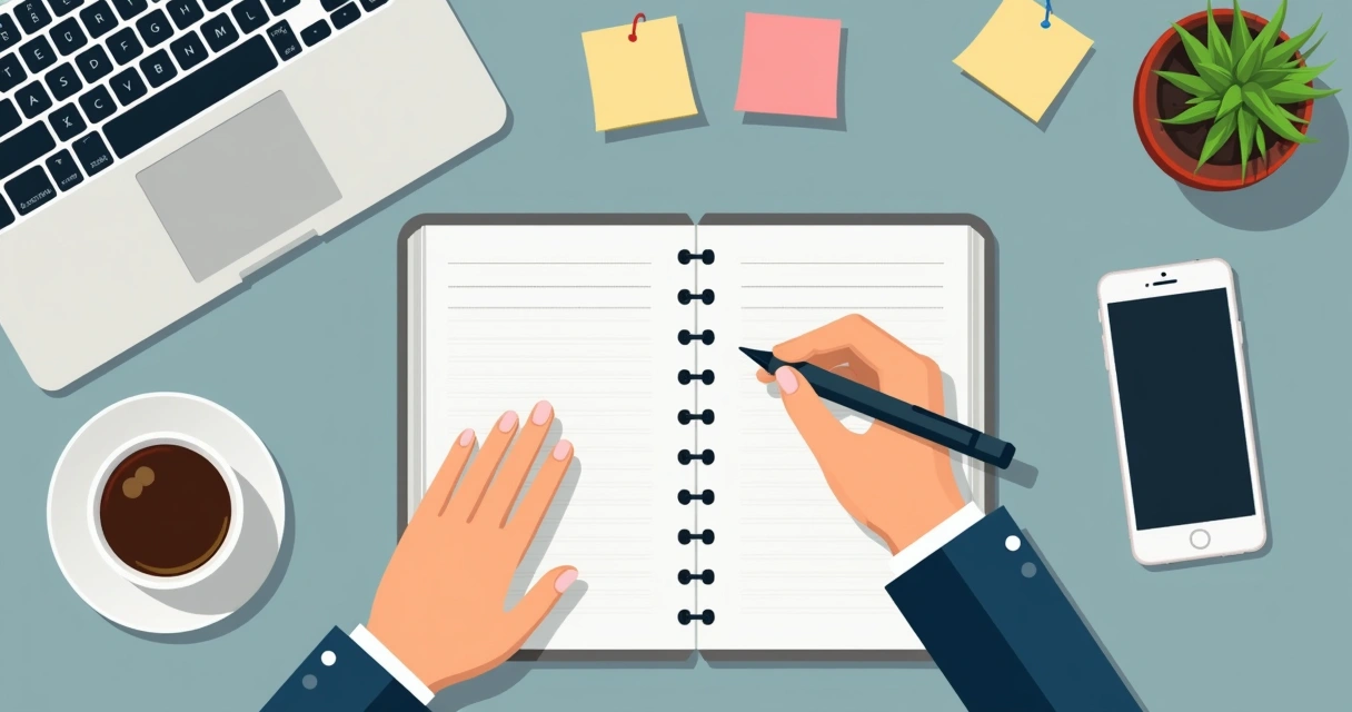 Pessoa escrevendo planejamento de postagens manuais em agenda ao lado de notebook 