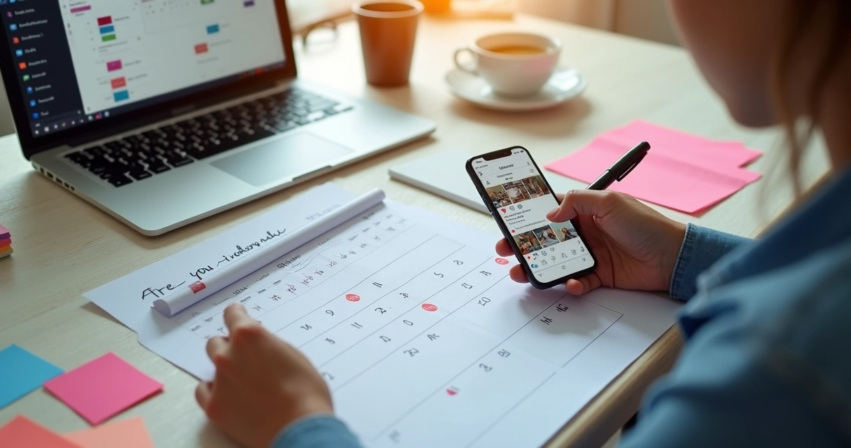 Pessoa organizando calendário de postagens para redes sociais 