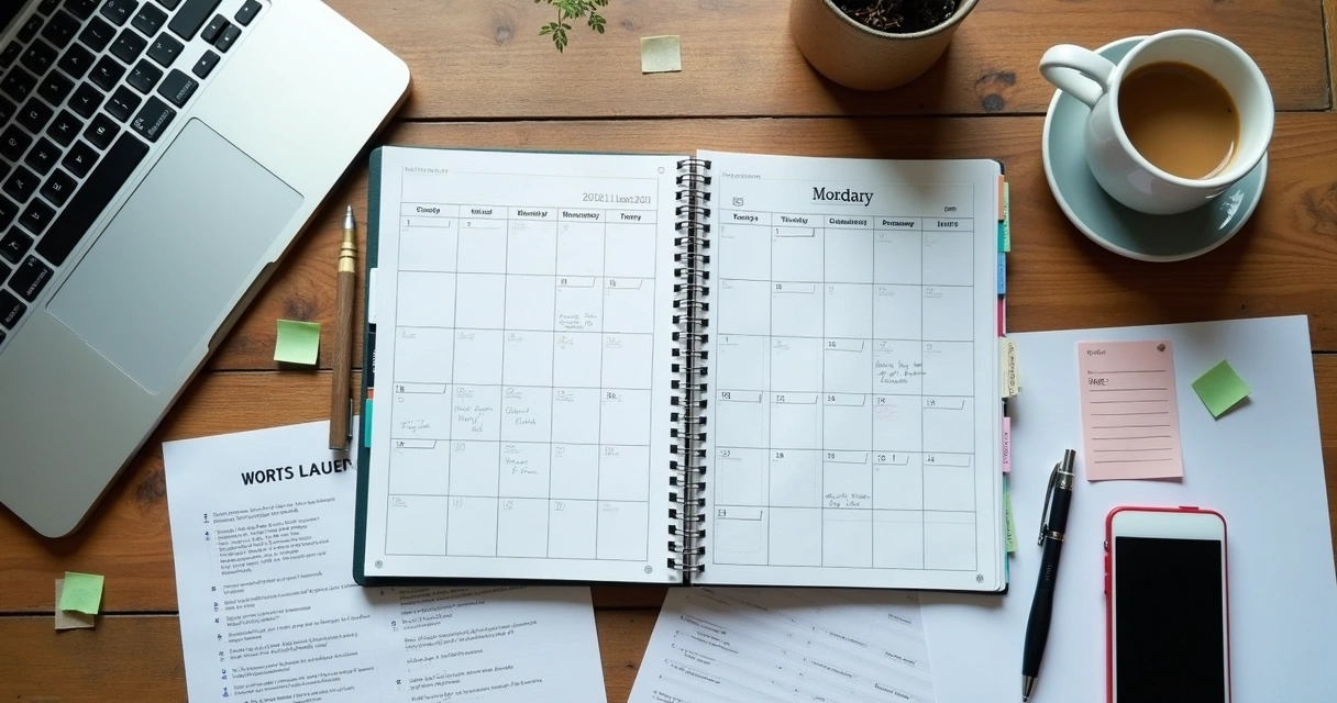 Agenda jurídica com calendário, laptop e documentos 