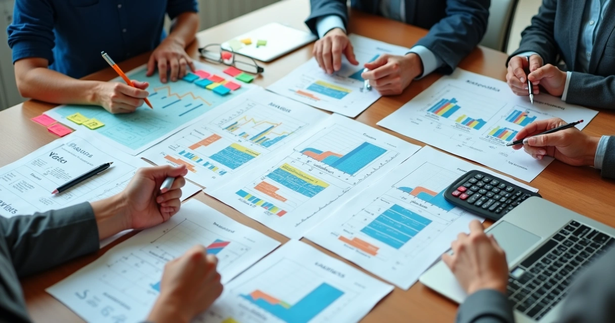 Planejamento de precificação empresarial com cálculos em mesa 