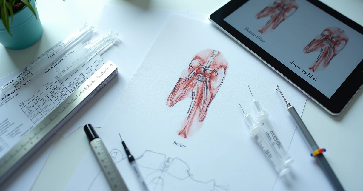 Mesa de planejamento médico com ilustração de pênis, seringas de ácido hialurônico e anotações técnicas 