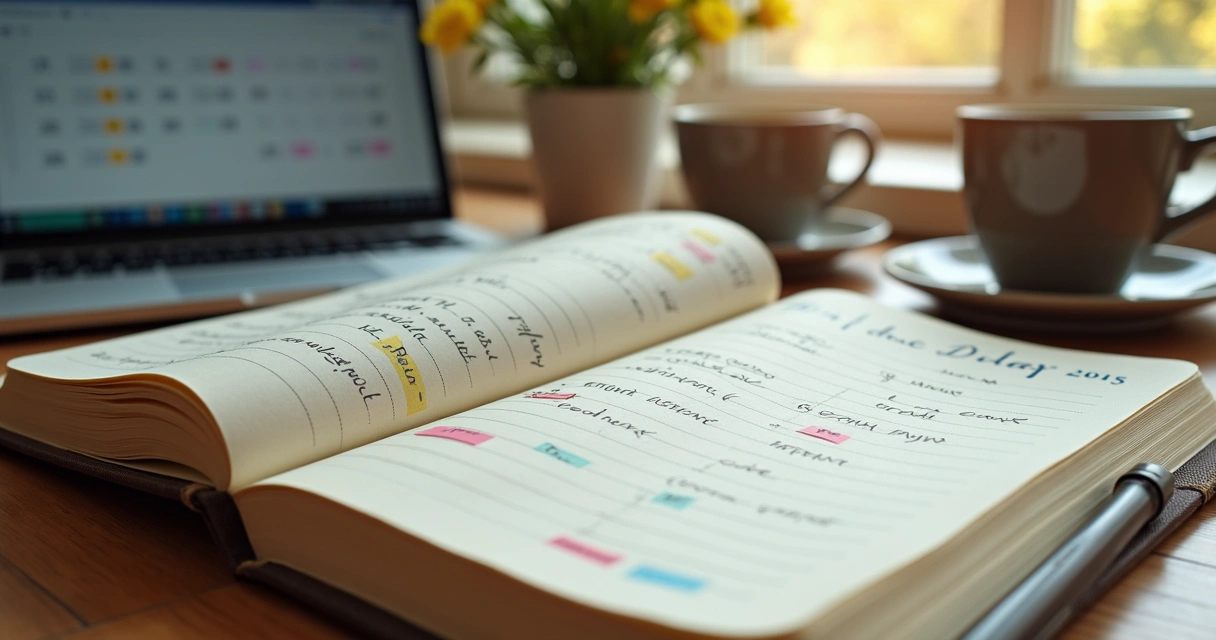 Agenda aberta com anotações de presentes, laptop mostrando calendário, caneta, flores 