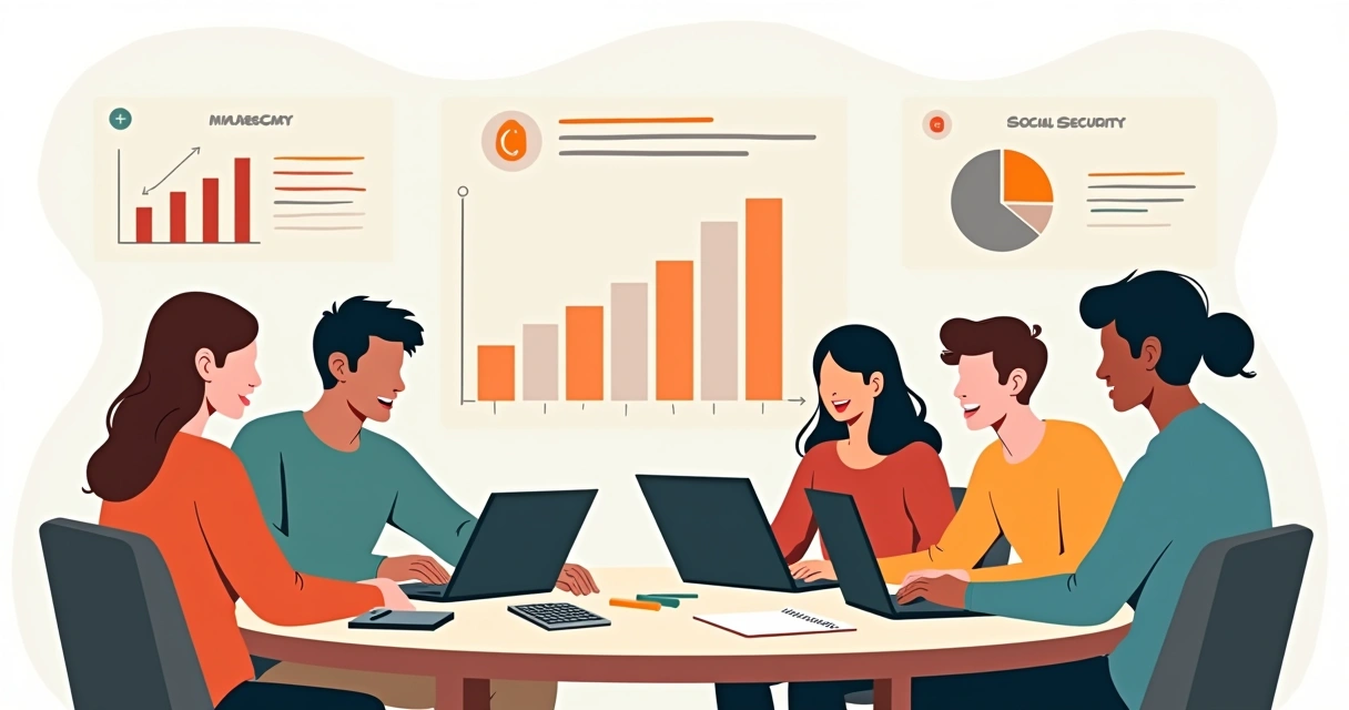 Jovens em roda, discutindo finanças e previdência social. 
