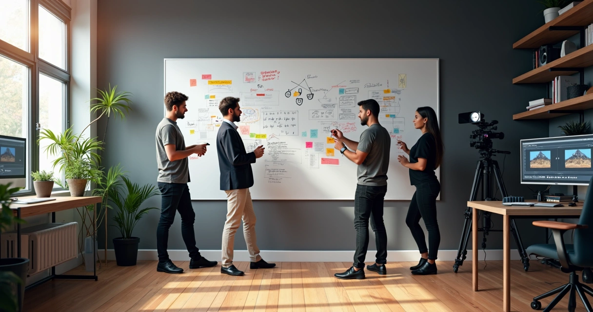 Equipe criando roteiro em reunião com quadro branco e câmeras profissionais ao lado 
