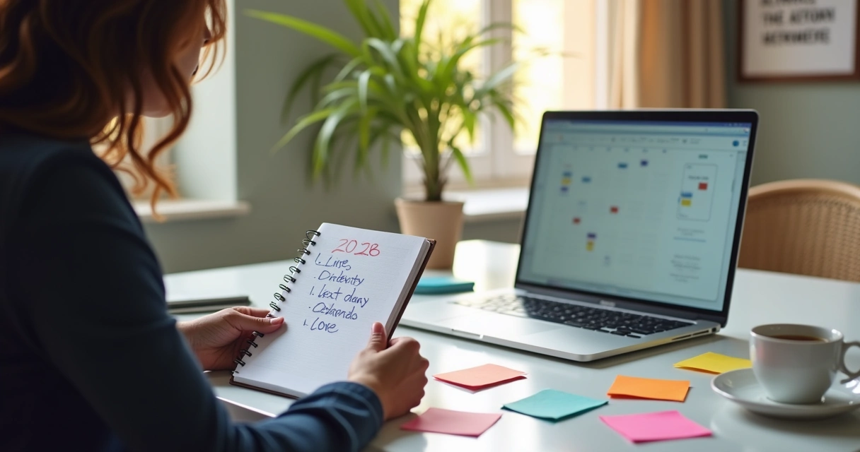 Pessoa revisando metas profissionais em mesa de trabalho 