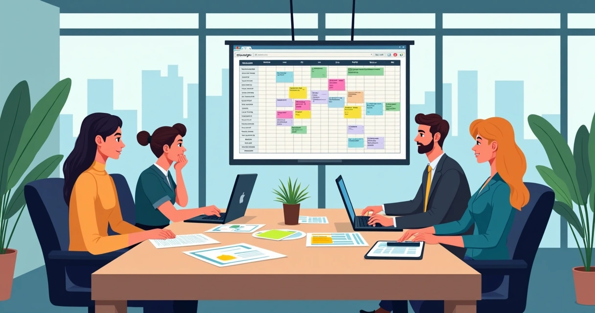 Equipe discutindo em torno de uma mesa com cronogramas e papéis coloridos 