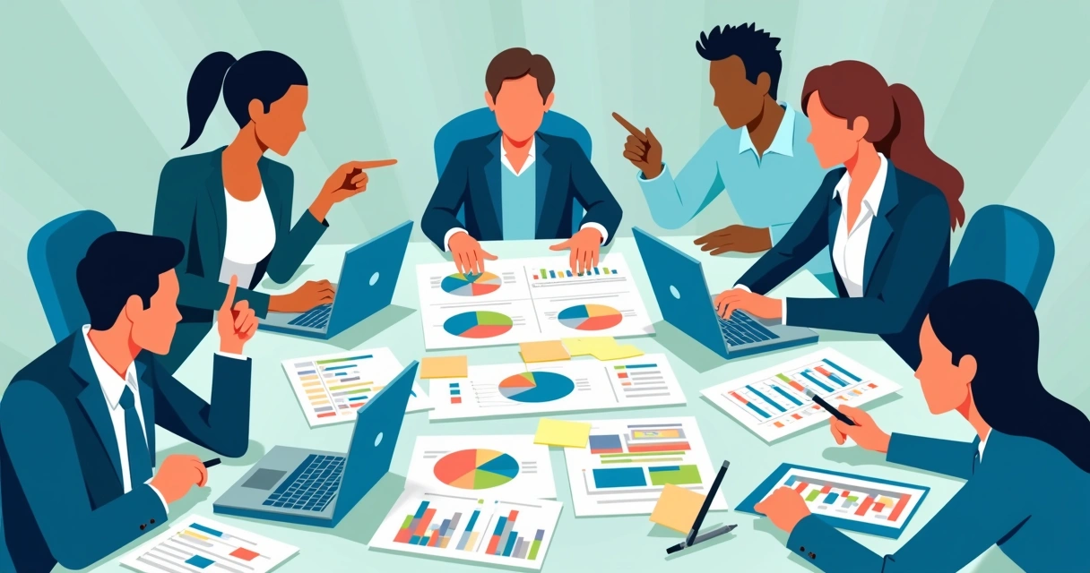 Equipe reunida planejando projeto em mesa com anotações e notebooks 