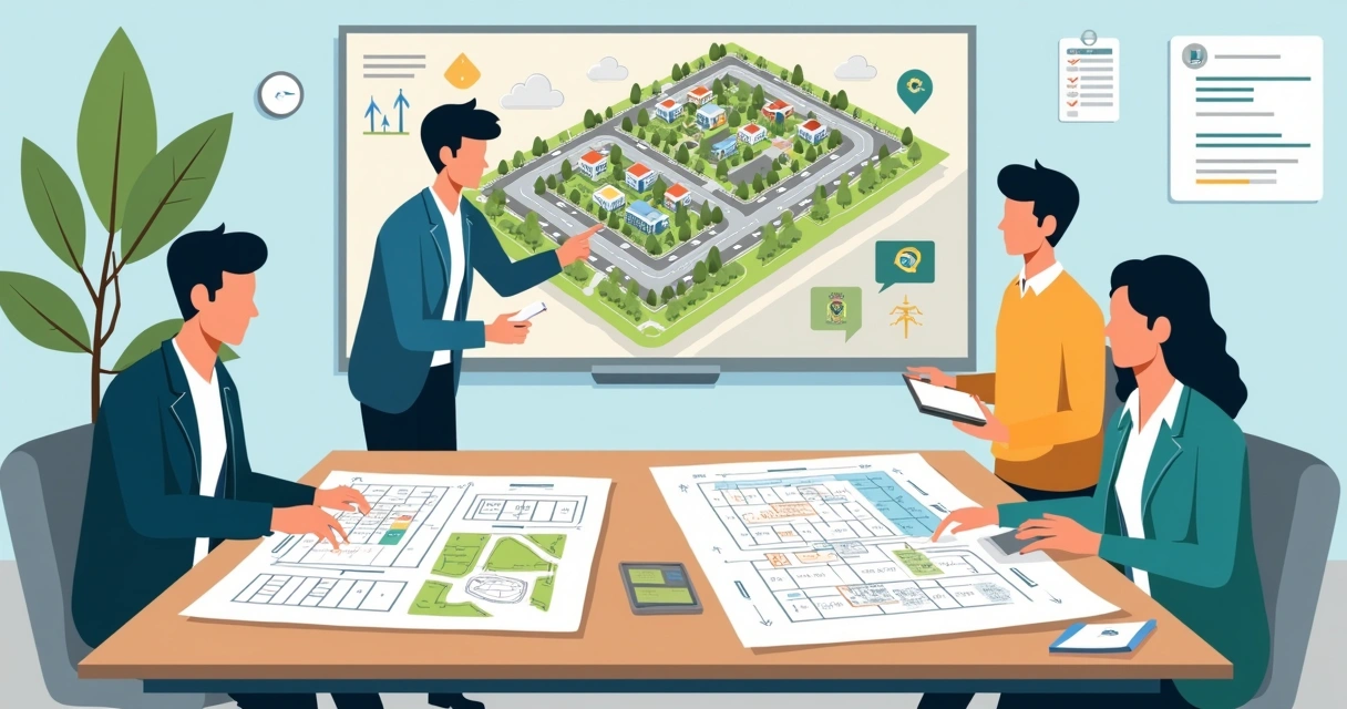 Equipe analisando planta de loteamento urbano com mapas e infraestrutura 