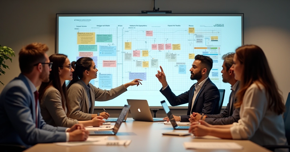 Equipe definindo etapas de um projeto de software na lousa 