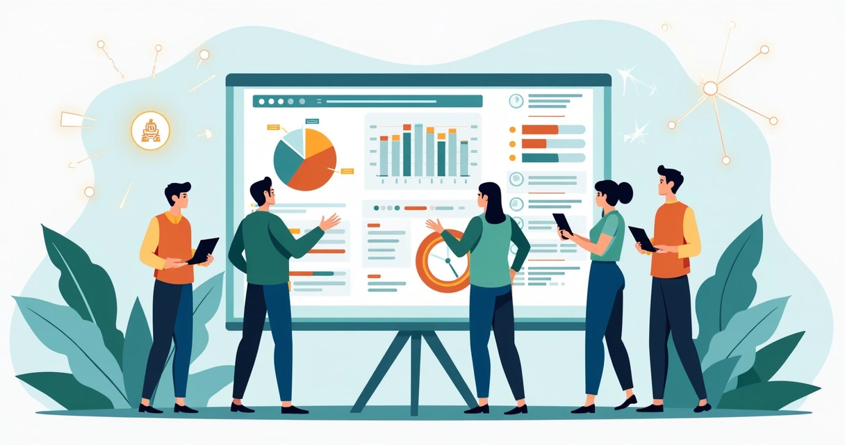 Ilustração corporativa plana mostrando pessoas em equipe colaborando com gráficos digitais e símbolos de IA em fundo clean 