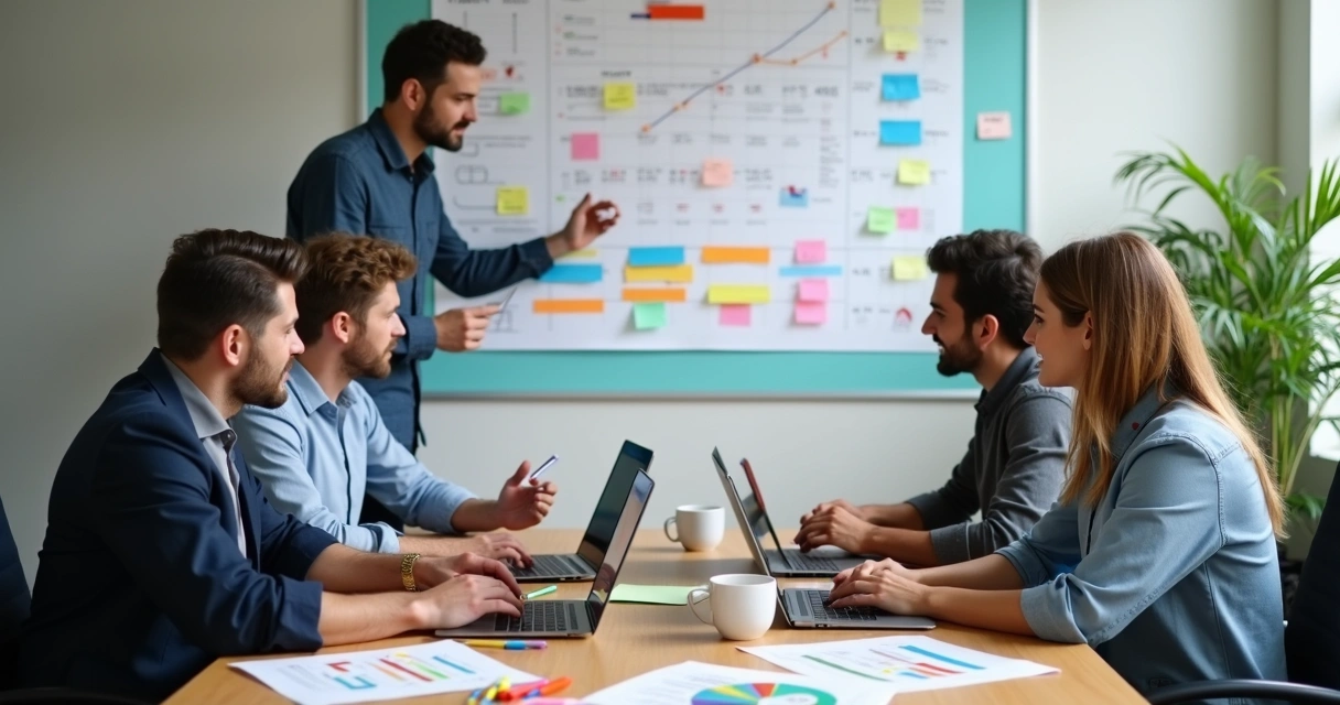 Equipe reunida planejando promoções 