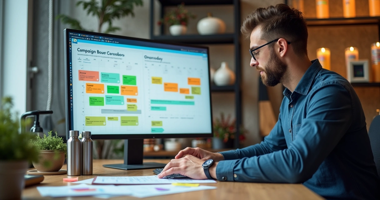 Gestor planejando estoque de brindes em calendário promocional 