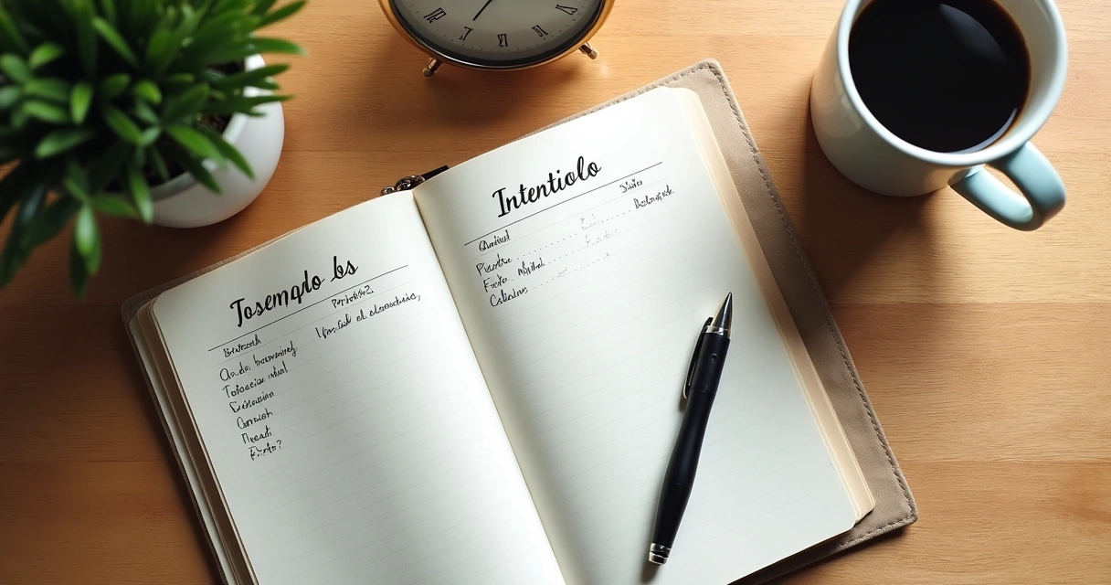 Caderno com plano diário ao lado de café e relógio 