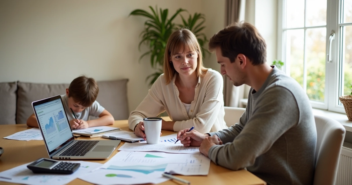 Família organizando finanças e proteção em casa com documentos e notebook 