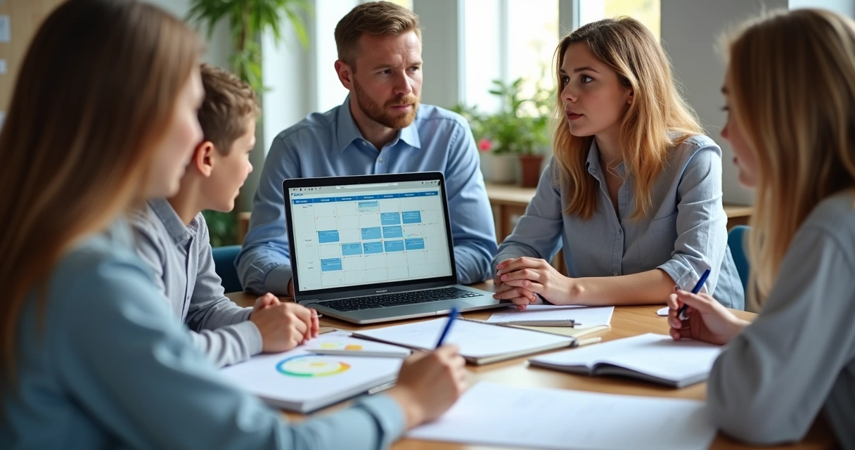 Equipe escolar analisando calendário com computador e materiais pedagógicos na mesa 
