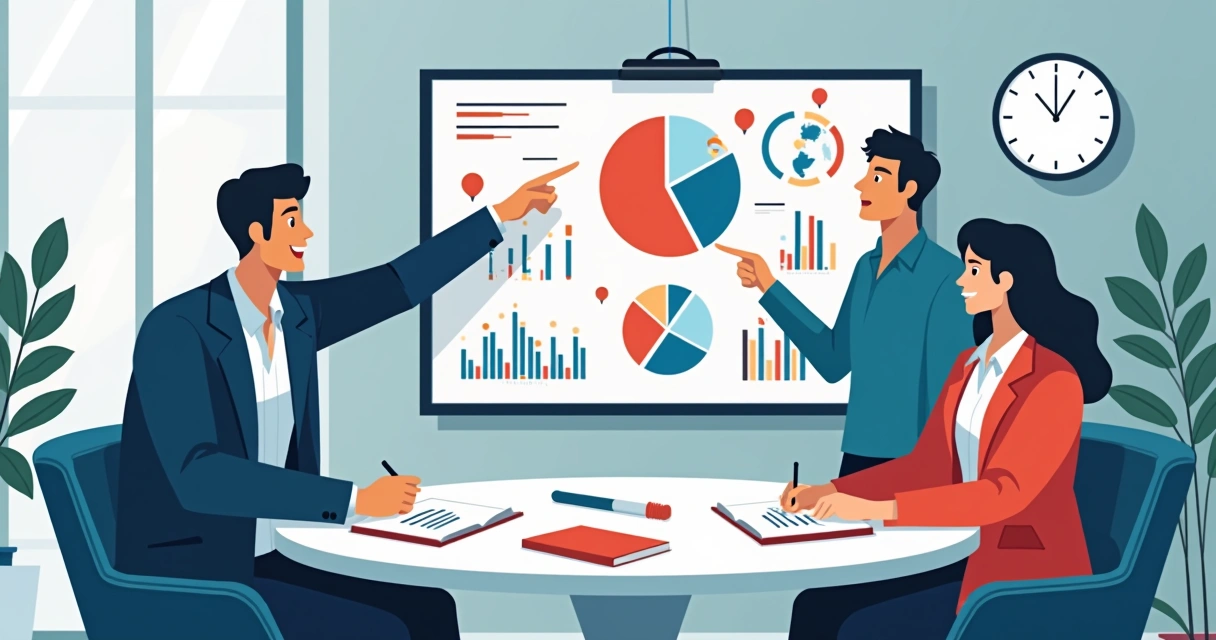 Equipe estrategista discutindo em frente a quadro com mapas e gráficos 