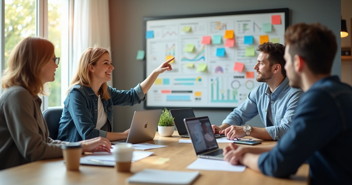 Equipe de RH analisando gráficos e planejamento de quadro de funcionários em uma sala de reunião 