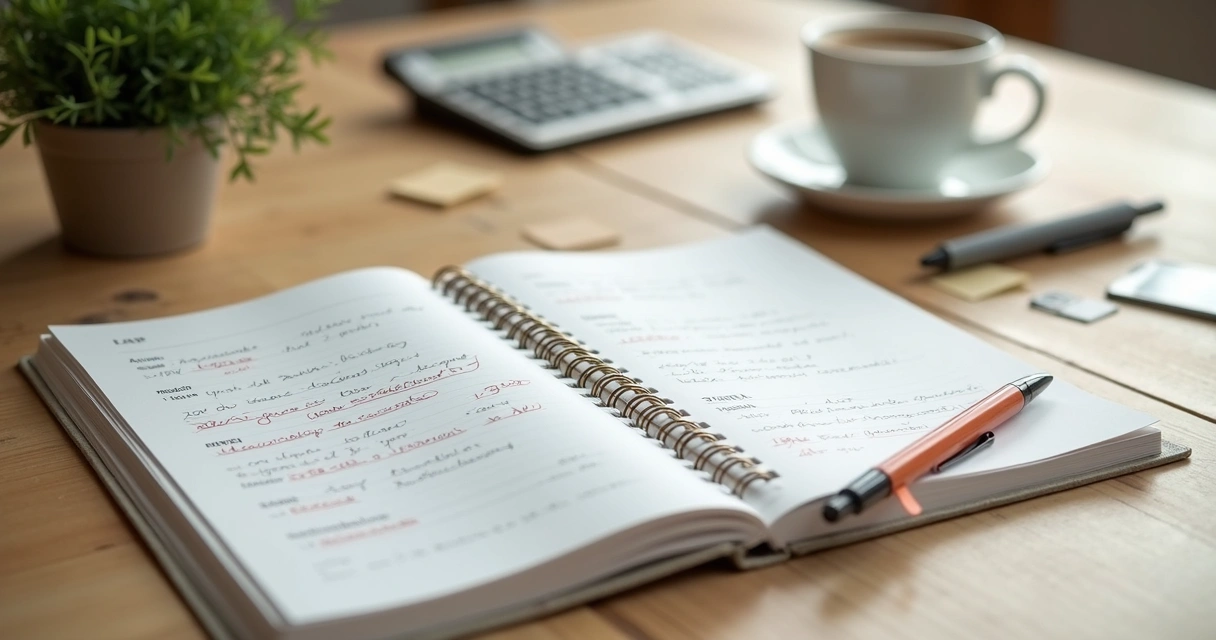 Caderno com metas, calendário e xícara sobre mesa clara