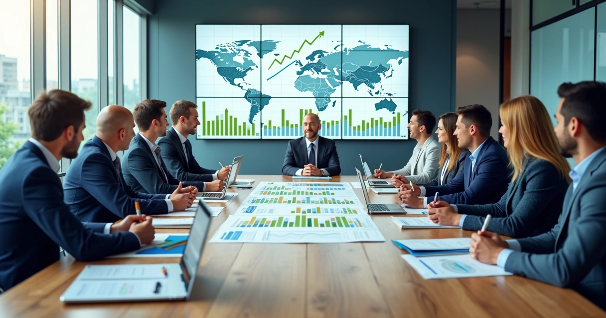 Executivos analisando gráficos de desempenho empresarial na mesa de reuniões 