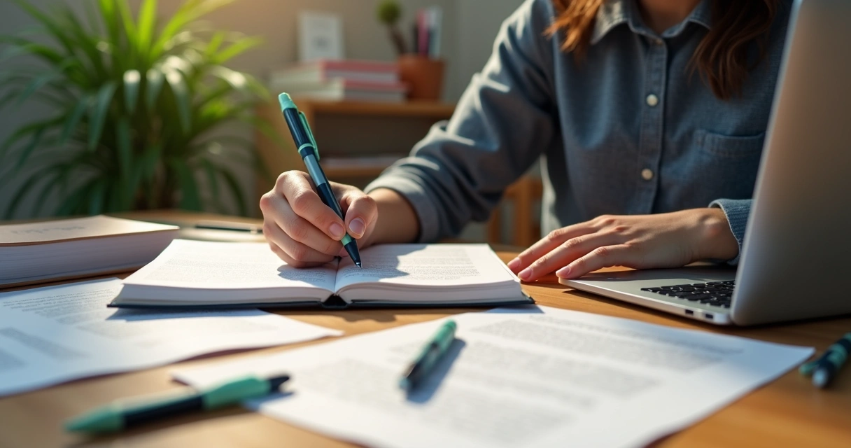 Aluno anotando em um caderno, com folhas soltas ao redor