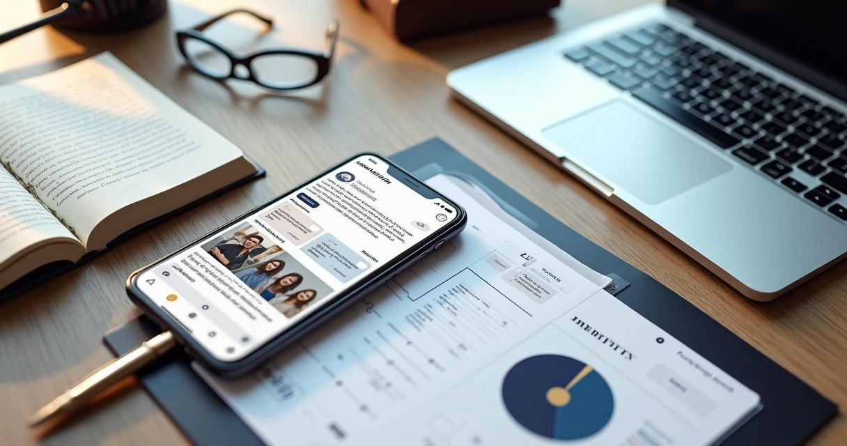 Mesa com celular, calendário e materiais de branding jurídico 