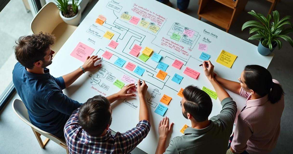 Planejamento estratégico em quadro branco com marcações coloridas 