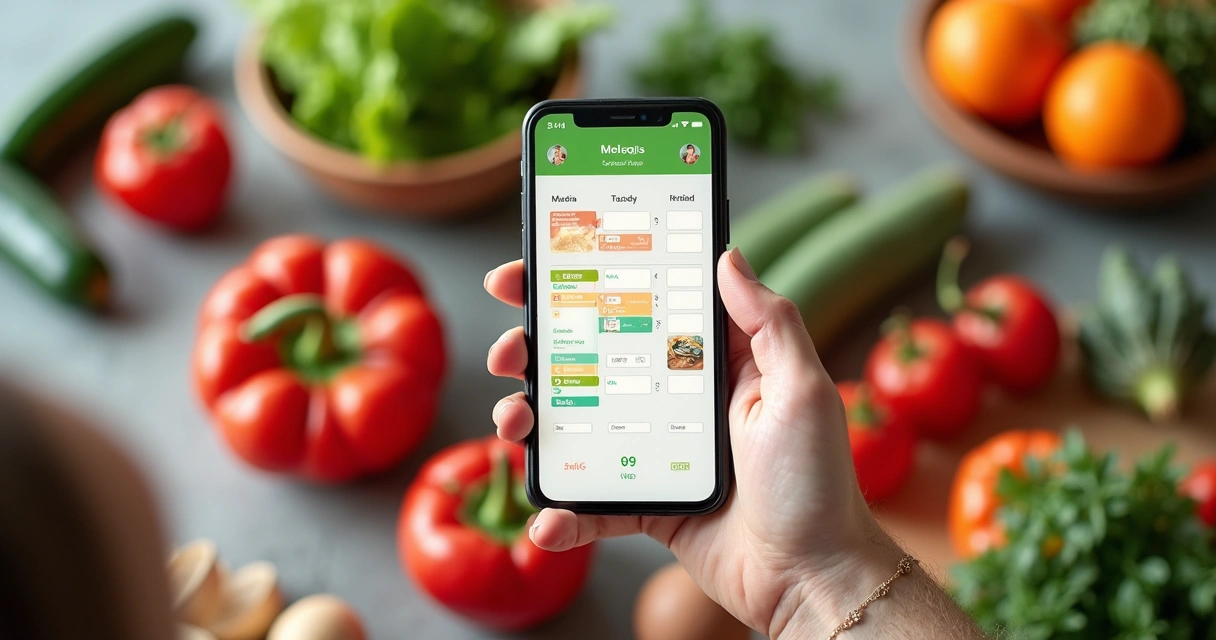 Pessoa com smartphone organizando cardápio semanal na mesa com ingredientes frescos. 