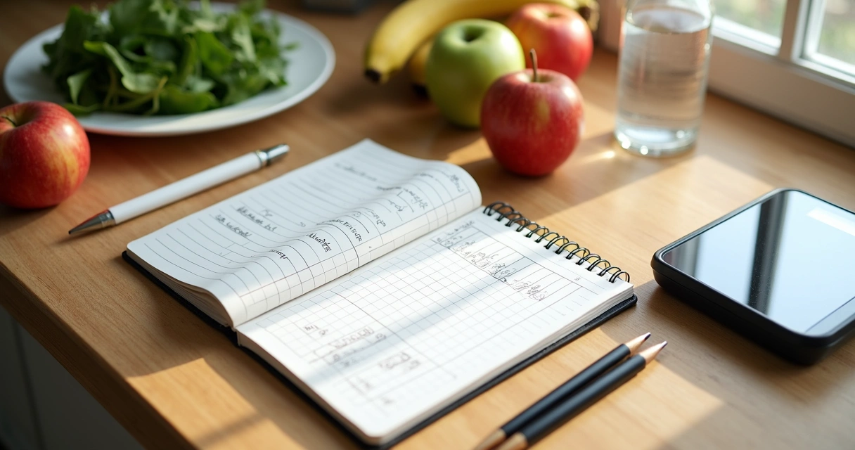 Mesa com alimentos saudáveis, cardápio e lista de compras 