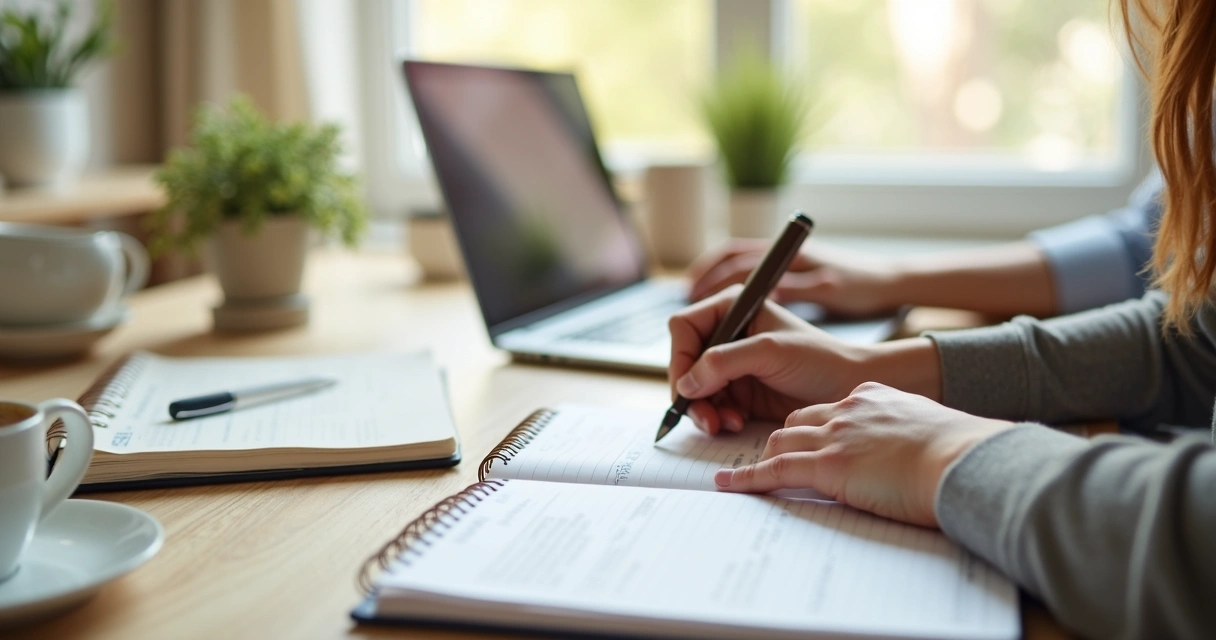 Pessoa escrevendo metas em caderno com agenda e café na mesa
